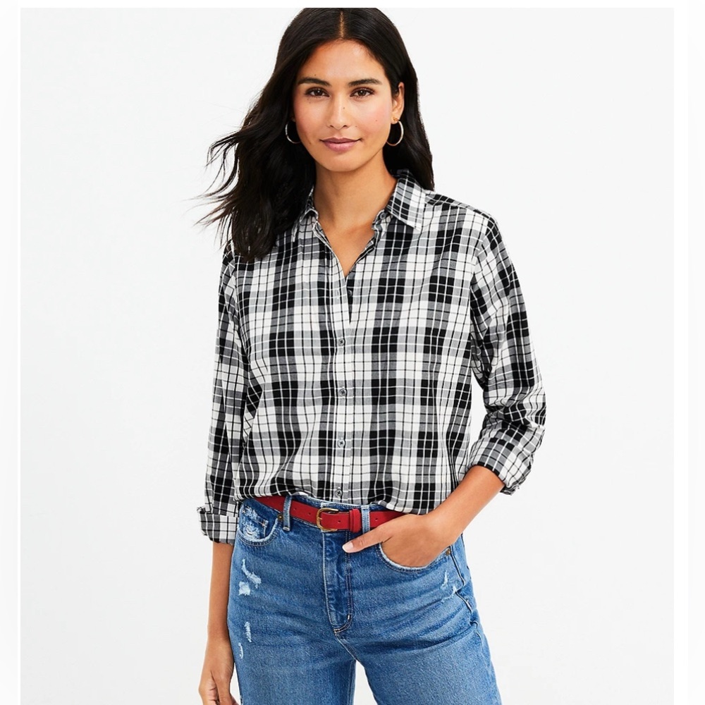NWT LOFT Plaid Everyday Shirt Button down Black White Long Sleeve size Large